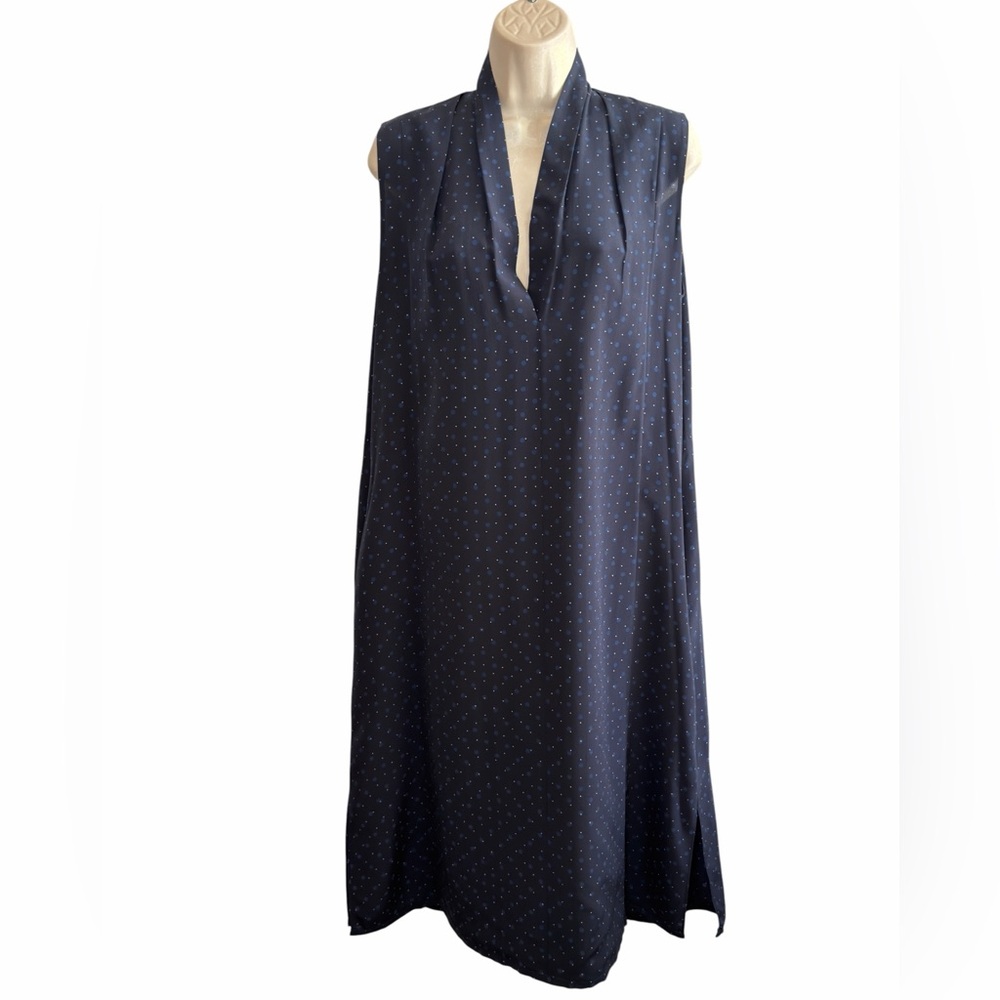 Vince Blue Silk Polka Dot Midi Dress M Sleeveless V Neck Casual Cocktail Pockets - Picture 3 of 16